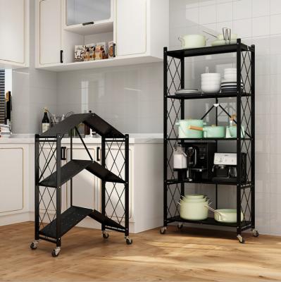 China 3 Layers Workable Metal Shelf Rack Organizer Folding Kitchen Foldable Spoke Storage Wheels for sale