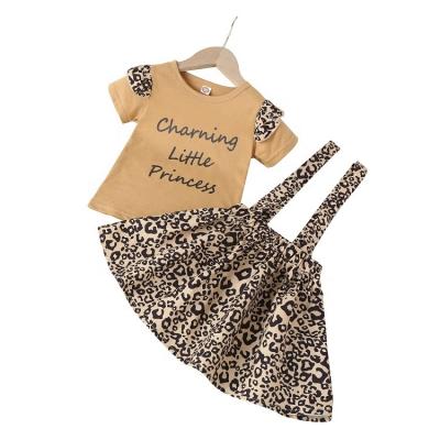 China 2021 Kids Sweet Suit Summer Leopard Print Short Sleeve Top+Leopard Suspender Skirt 2pcs Babies Suspender Clothes Sets for sale