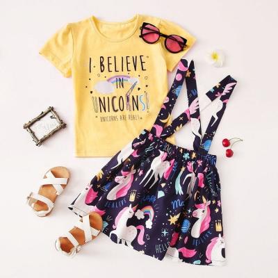 China 2021 Summer Sweet Pink Unicorn Print Skirt Suit Skirt 2pcs T-shirt +Black Unicorn Print Skirt 2pcs Baby Girls Suspender Skirt Clothing Sets for sale