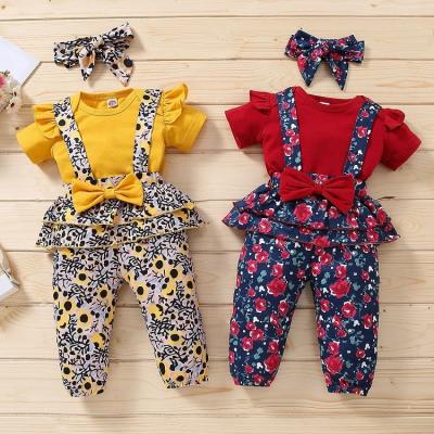 China Newborn Casual Clothes Toddler Girls Clothes Overalls Bow Sleeve Bow Pullover Ruffle Short Romper Floral Pants Headband Outfit for sale