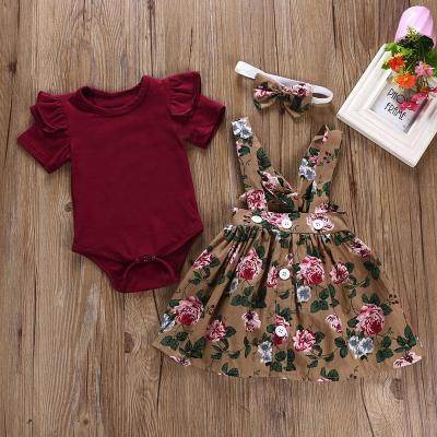 China Soft Newborn Clothes Sets Kids Girls Clothes 3pcs Fashionable Baby Short Sleeve Baby Romper and Floral Straps Trim Baby Outfits for sale