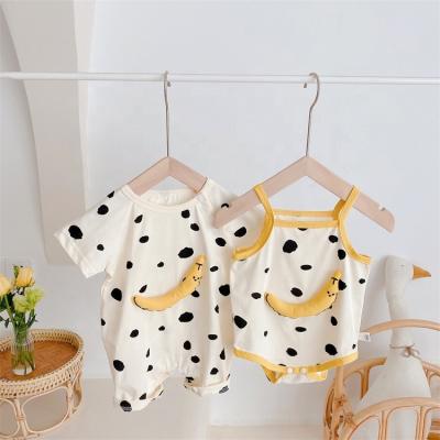 China Spandex/Cotton Newborn Babies Slim Sleeve Jumpsuit Tank Romper Cartoon Polka Dot Banana Smile Striped Baby Short Sling Rompers for sale