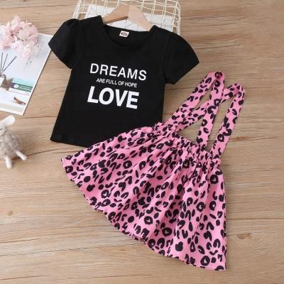 China 2021 Sweet Child Summer Suit Black Print T-shirt + Pink Leopard Suspender Skirt 2pcs Babies Clothes Sets for sale