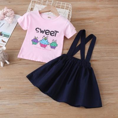 China Sweet Babies Summer Suit Shorts Sleeve Cake Printing T-shirt+Black Pink Suspender Skirt 2pcs Kids Sportswear Sets for sale