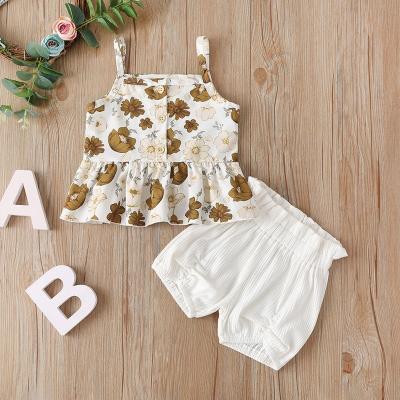 China Baby Breathable Summer Newborn Toddler Floral Outfit Clothes Knitted Sleeveless Cute Ruffles T-shirt Shorts Pants Clothes for sale