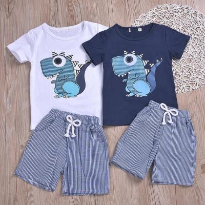 China Casual Boy's Suit 2pcs Cotton Clothing Suit Boy Dinosaur Printing Tops+Striped Shorts Cartoon Shorts Sleeve Printing Suit for sale