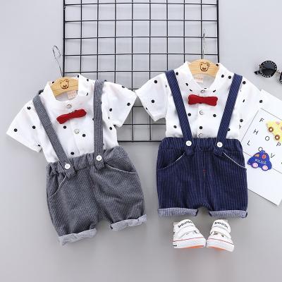 China Dot Print Bow Tie Gentleman's Casual Short Sleeve Shirt Striped Suspenders Pants 2 Pcs Sets For Babies Gentleman Clothes Suit for sale