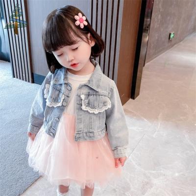 China Casual Spring Long Sleeve Lace Denim Full and Princess Jackets Mesh Dresses Set Toddler Girl 2pcs Dress Sets for Kids for sale