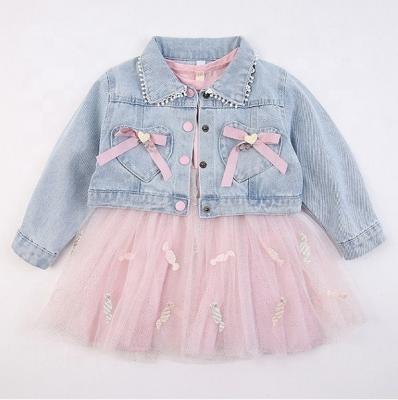 China Autumn Winter Clothes Sequin Jacket Girls Casual Long Sleeve Princess Mesh Dress Baby Girl Denim Jacket Dress Clothing Set for sale