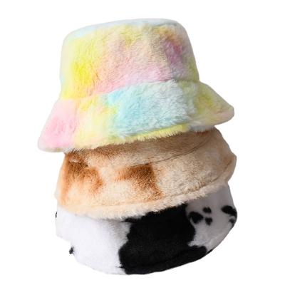 China Plush Winter Faux Fur Cow Print Bucket Hat Fleece Fluffy Warm Hairy Hat For Women Men for sale