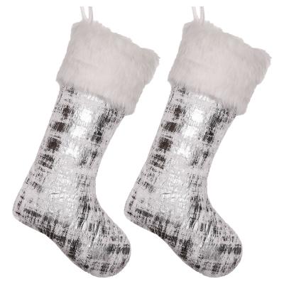 China Best Selling Fabric EG Christmas Knit Christmas Tree Decor Silver White Stocking Hanging Socks for sale