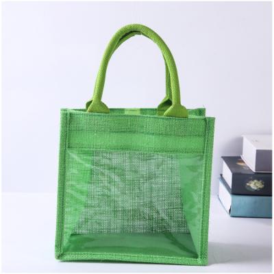 China Reusable ECO GREEN New Jute Fruit Shopping Tote Canvas Bag With PVC Windows for sale