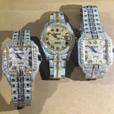 China Roestvrij staal Iced Out Hand Setting VVS Moissanite Lab Diamanten Horloge Luxe Te koop