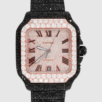 China Schramvast Zwart Iced Out Horloge Vierkante Dial Santos 40mm SS Met Diamanten Te koop