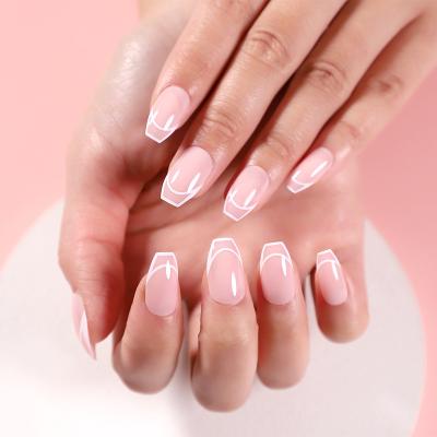 China Easy Apply White Lines Pink Color French Style Artificial Nails Tips Plastic Coffin Nails Custom Nails Wraps Fake Nails for sale