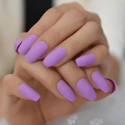 China Easy Apply Purple Korean American Medium Artificial Private Label Full Cover Coffin Nails Realistic Press On Nails for sale