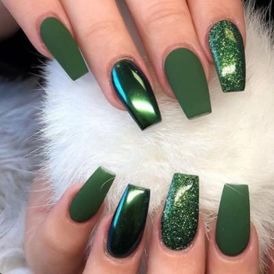 China Easy Apply 24Pcs Green False Coffin Nail Art Tips Press Along On Nails With Glue Manicure DIY Strongest Artificial Nails for sale