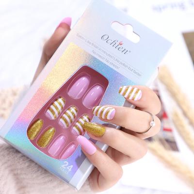 China Easy Apply Ballet Coffin Salon Piece Nail 24pcs New Waterproof Press On Fake Nail Colored Back Glue On Popular Christmas Length Natural Fake for sale