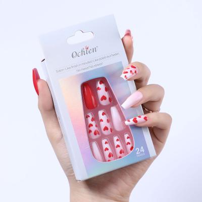 China Easy Apply Luxury Custom Full Cover Red-Pink Manicure Fake Nail Factory Personality Factory Personality Love Heart Fake Stick Press On Nails for sale