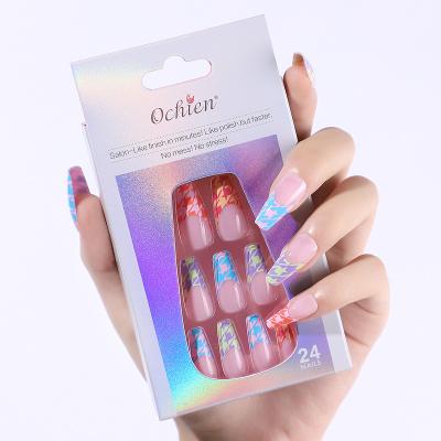 China Easy Apply Full Cover ABS 24pcs/set Fake Nail Art Tip Luxury Rainbow Custom Private Label Artificial Coffin Press On Nails Press 