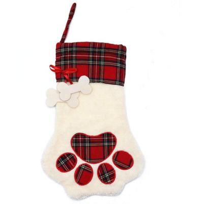 China Plush Dog Christmas Stocking Large Dogs Paw Hanging Christmas Decorations Christmas Plaid Stocking for sale