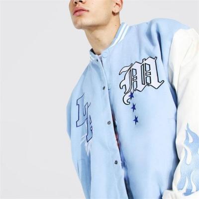 China OEM/ODM Waterproof Varsity Jackets Custom Light Blue Embroidered Men's Bomber Mens Baseball Jacket for sale