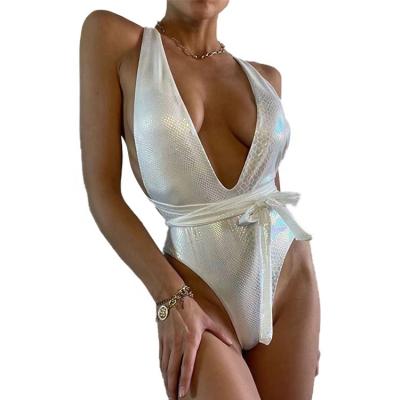 China Women's Swimsuit Breathable Hot Sexy One Piece V-Neck Lace Up Swimwear White Snake Printed Bikini For Girls for sale