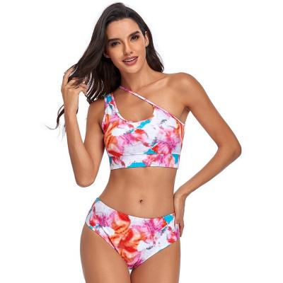 China 2021 new two-piece swimwear Anti-UV waist sexy floral Tie-dye bikini top printed bikin for ladies for sale