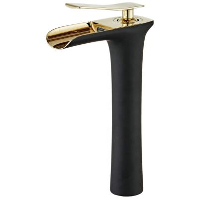 China Modern Tall Gold Bathroom Black Basin Faucet With Waterfall Spout for sale