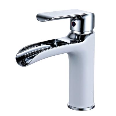 China Metered Faucets Manufacture Single Lever Body White Bathroom Chrome Handle Waterfall Brass Faucet for sale