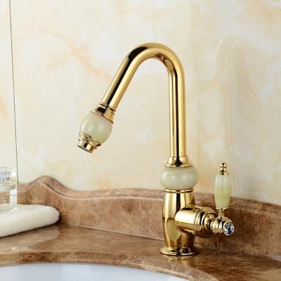 China Pull Out Spray Single Lever Basin Mixer Bathroom Gold Basin Faucets Rotate for sale