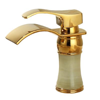 China Bathroom Water Faucets Gold Plated Hot And Cold Waterfall Basin Mixer Taps Basin Mixer With Jade for sale