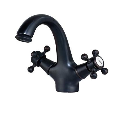 China Metered Faucets Double Handles Single Hole Deck Mounted Black Painting Brass Bathroom Basin Faucets for sale