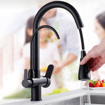 China Kitchen Drinking Faucet Three In One Water Filter Black Kitchen Mixer Pull Down Kitchen Drinking Faucet For Kitchenroom for sale