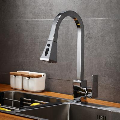 China Contemporary Single Handle Kitchen Mixer Tap Brass Square Kitchen Faucet Pull Down for sale