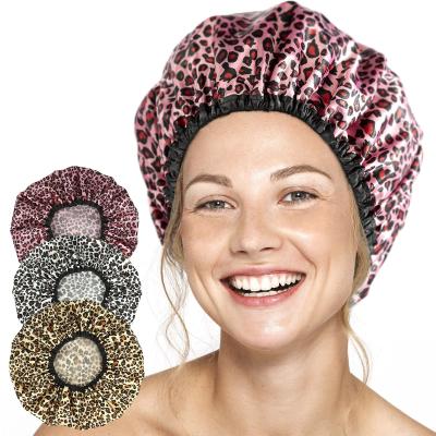 China Wholesale Reusable Waterproof Leopard Large Opening Reusable Bath Shower Hair Caps For Ladies Men for sale