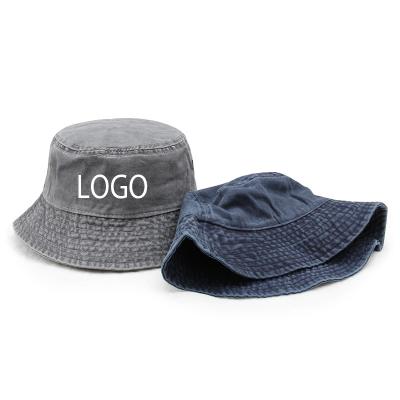 China Sun Protection Distressed Custom Logo Hats Blank Bucket Cap Solid Color Cotton Hat for sale