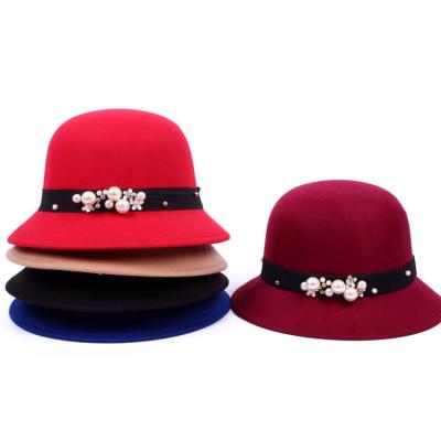 China Wholesale Soft Comfortable Autumn Winter Pearl Solid Color Women Felt Fedora Hats for sale