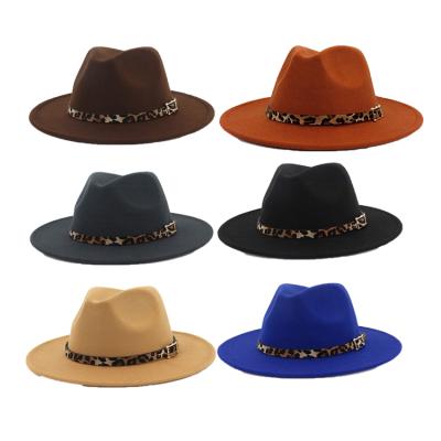 China Soft Comfortable Lightweight Women's Wide Brim Felt Leopard Wholesale Fedora Hats With Belt Buckle Custom Made for sale