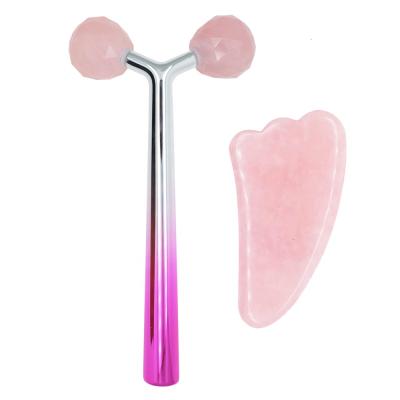 China Luxury Premium Rose Quartz Jade Roller Gua Accessories Face Lift Skin Care Sha Set For Face for sale