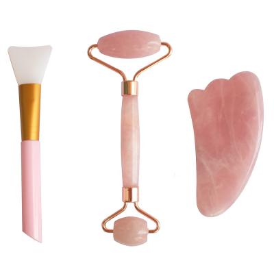 China Best Loud Free Selling Rose Quartz Jade Roller With Guasha Set For Face Mask Brush for sale