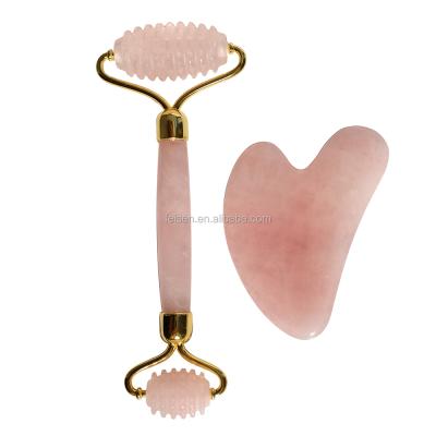 China Noisy Free Dual Head Massager Textured Rose Quartz Jade Roller With Thorn Head for sale