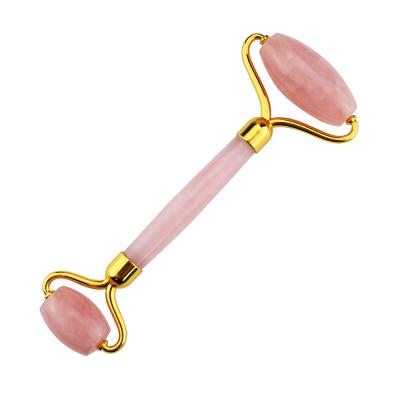 China Round Neck Noisy Gemstone Free Head Double Rose Quartz Roller And Gua Sha For Face Massager Scrub for sale