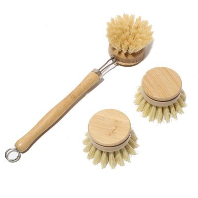 China Bamboo Wooden Bowl Pan Pot Sisal Brushes Kitchen Dish Cleaning Brush Replaceable Head Dishes Eco-Friendly Sustainable Custom Logo for sale