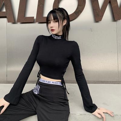 China Breathable Black Long Sleeve T-shirts Lace Up Stylish Maker Crop T Shirt Embroidery Turtle Neck Top For Women for sale