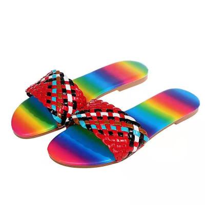 China Fashion Trend Designer Women Slippers Knit Pu Leather Slippers Flat Rainbow Summer Cheap Slippers For Women for sale