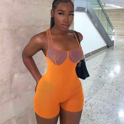 China Orange Bodycon Workout Overalls Summer Breathable Short Sleeveless Stripe Tank Top Overalls For Women for sale