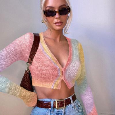 China Breathable Colorful Crop Top V-Neck Sweater Cotton Fashion Knitting Sweater With Buttons Cardigan Sweater For Woman for sale