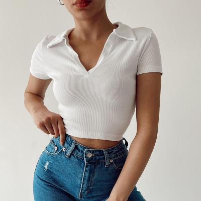 China Breathable Summer Slim Fit Short Sleeve Ribbed Top Sexy Polo Shirts For Women Casual Black T-shirt V-Neck Crop Top for sale