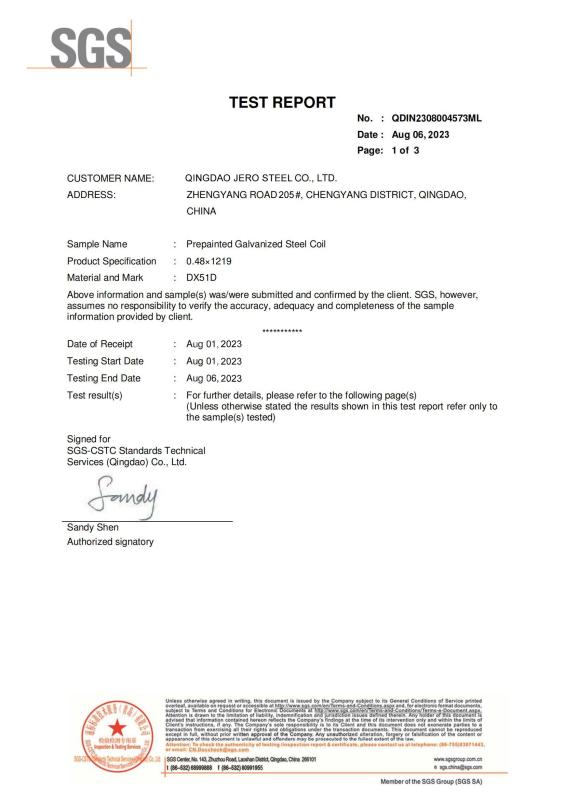 SGS product certificate - Qingdao Jero Steel Co., Ltd.